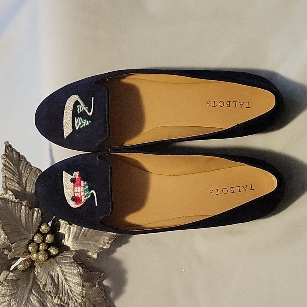 Talbots Ballerina Deep Navy Blue Suede Christmas Flats. 🎄 Red Truck & Tree Sz 9